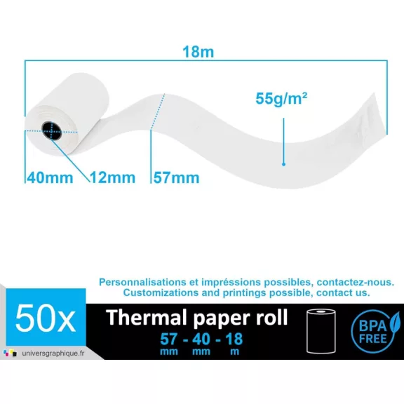 Univers Graphique UGR02-50 Hőpapír Tekercs, 57x40x12, 55 g/m², Speciális Bevonat, BPA Mentes, Biológiailag Lebomló, Újrahasznosítható, Fehér, 50 Darab Univers Graphique UGR02-50 Hőpapír Tekercs, 57x40x12, 55 g/m², Speciális Bevonat, BPA Mentes, Biológiailag Lebomló, Újrahasznosítható, Fehér, 50 Darab
