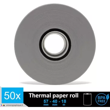   Univers Graphique UGR02-50 Hőpapír Tekercs, 57x40x12, 55 g/m², Speciális Bevonat, BPA Mentes, Biológiailag Lebomló, Újrahasznosítható, Fehér, 50 Darab