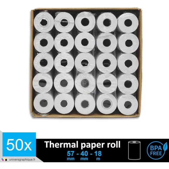Univers Graphique UGR02-50 Hőpapír Tekercs, 57x40x12, 55 g/m², Speciális Bevonat, BPA Mentes, Biológiailag Lebomló, Újrahasznosítható, Fehér, 50 Darab Univers Graphique UGR02-50 Hőpapír Tekercs, 57x40x12, 55 g/m², Speciális Bevonat, BPA Mentes, Biológiailag Lebomló, Újrahasznosítható, Fehér, 50 Darab