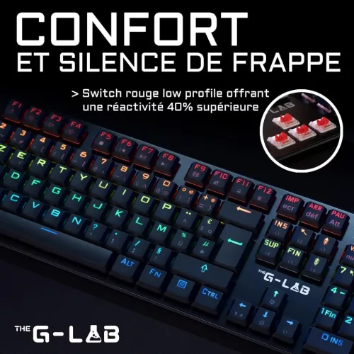 THE G-LAB Keyz Platinum Mechanikus Gamer Billentyűzet, AZERTY FR, Red Switch, 1 ms Válaszidő, RGB, Teljes Anti-Ghosting, Windows Gomb Zár, Fekete