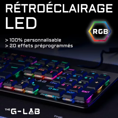 THE G-LAB Keyz Platinum Mechanikus Gamer Billentyűzet, AZERTY FR, Red Switch, 1 ms Válaszidő, RGB, Teljes Anti-Ghosting, Windows Gomb Zár, Fekete