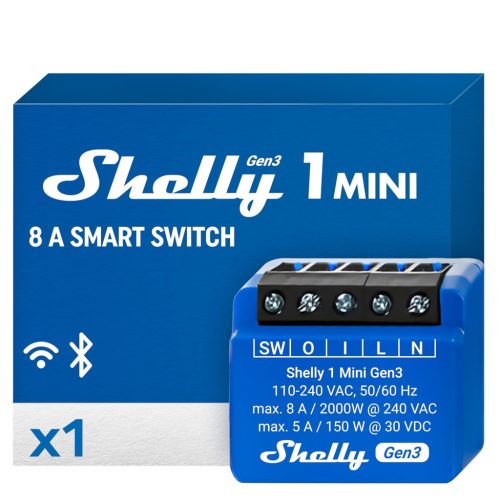 Shelly 1 Mini Gen3 WiFi és Bluetooth Okos Kapcsoló Relé 1 Csatornás 8A