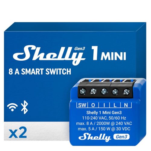 Shelly 1 Mini Gen3 2 db WiFi és Bluetooth Okos Kapcsoló Relé 8A
