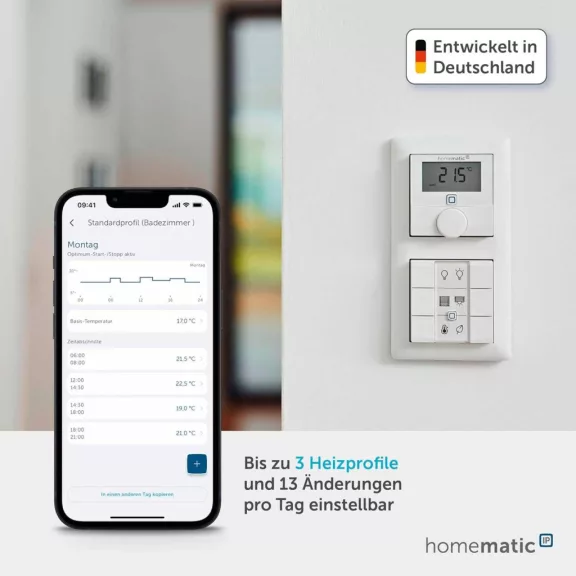 Homematic IP Smart Home Fali Termosztát HmIP-WTH-1, Páratartalom Érzékelő, Radiátor És Padlófűtés, LED Kijelző, Programozható, App, Érintés, Hangvezérlés, Fehér