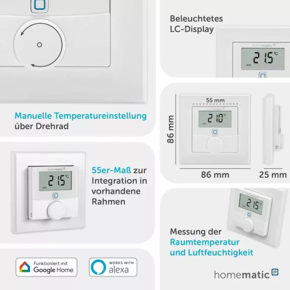 Homematic IP Smart Home Fali Termosztát HmIP-WTH-1, Páratartalom Érzékelő, Radiátor És Padlófűtés, LED Kijelző, Programozható, App, Érintés, Hangvezérlés, Fehér