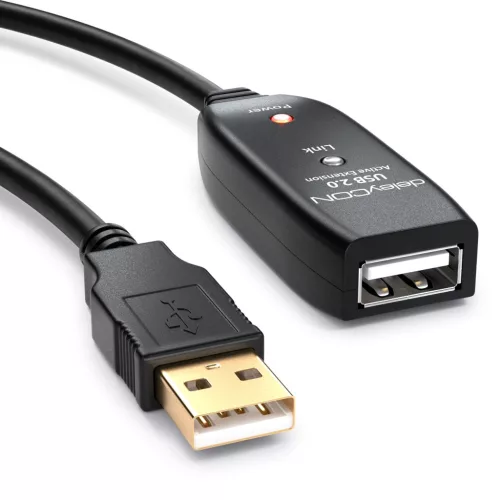 DeleyCON 15m USB 2.0 Kábel, Aktív Jel Erősítő, USB-A Férfi-USB-A Női, Magas Sebesség, Plug & Play, Beépített Erősítővel