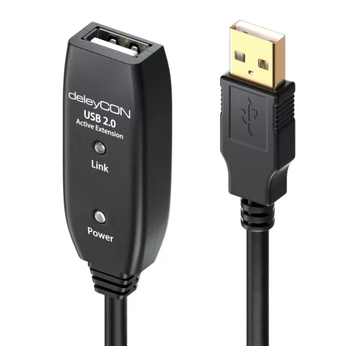 DeleyCON 15m USB 2.0 Kábel, Aktív Jel Erősítő, USB-A Férfi-USB-A Női, Magas Sebesség, Plug & Play, Beépített Erősítővel