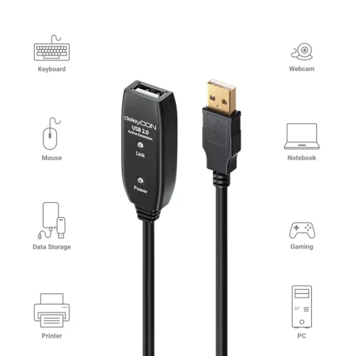 DeleyCON 15m USB 2.0 Kábel, Aktív Jel Erősítő, USB-A Férfi-USB-A Női, Magas Sebesség, Plug & Play, Beépített Erősítővel