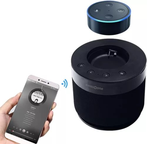 Swisstone Dotbox 1 Bluetooth Hangszóró, 15 W RMS, 2×2600 mAh Akkumulátor, 360° Surround Hangzás, Echo Dot Kompatibilis, IPX4, Fekete