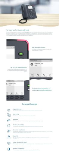 Snom D150 IP Asztali Telefon, 2 SIP Identitás, VoIP, Gigabit Ethernet, PoE Osztály 1, HD Hang, 2.8" Szürkeárnyalatos TFT LCD, Fekete