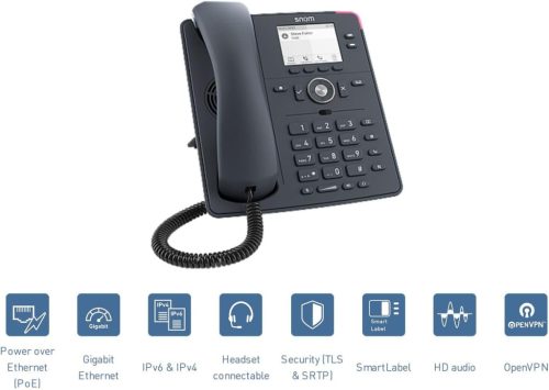 Snom D150 IP Asztali Telefon, 2 SIP Identitás, VoIP, Gigabit Ethernet, PoE Osztály 1, HD Hang, 2.8" Szürkeárnyalatos TFT LCD, Fekete