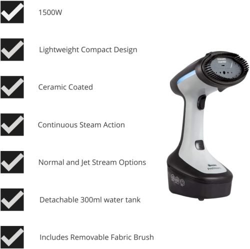 Swan SI12022N Hordozható Ruhagőzölő, Fekete, 1500W Teljesítmény, 300ml Vízkapacitás, 25g/perc Gőztermelés, Kerámia Bevonatú Gőzpanel, Szag- és Baktériumeltávolító