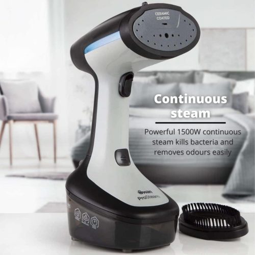 Swan SI12022N Hordozható Ruhagőzölő, Fekete, 1500W Teljesítmény, 300ml Vízkapacitás, 25g/perc Gőztermelés, Kerámia Bevonatú Gőzpanel, Szag- és Baktériumeltávolító
