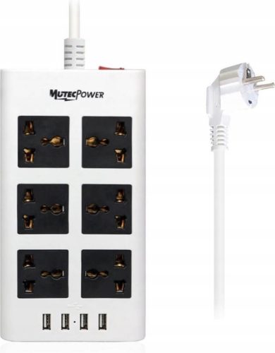 MUTECPOWER Universális Hat Aljzatos Hosszabbító 4 USB Porttal - 110 V-tól 220 V/250 V-ig, 2500 W túlfeszültség elleni védelemmel