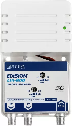 EDISION LIA-200 beltéri TV antenna erősítő UHF/VHF, állítható 12-24 dB, 104 dBmV, 5G LTE szűrővel