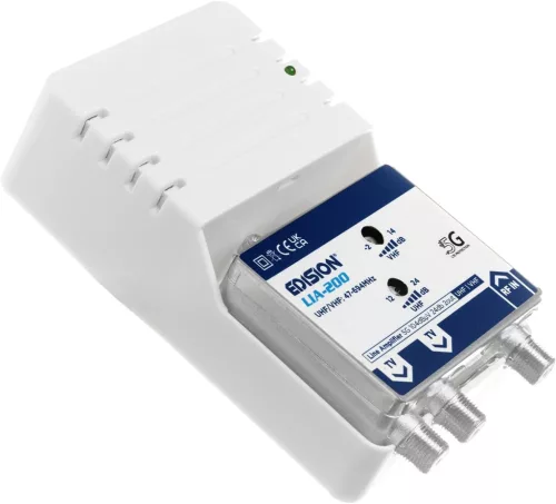 EDISION LIA-200 beltéri TV antenna erősítő UHF/VHF, állítható 12-24 dB, 104 dBmV, 5G LTE szűrővel