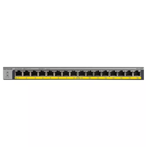 NETGEAR GS116PP 16-Portos Gigabit Ethernet Switch, Unmanaged, 16 PoE+ Port, 183 W PoE, 10/100/1000 Mbps, Auto-MDI/MDIX