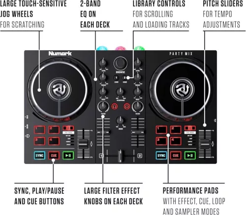 Numark Party Mix DJ Controller LED fényekkel, 2 deckkel és beépített audio interfésszel