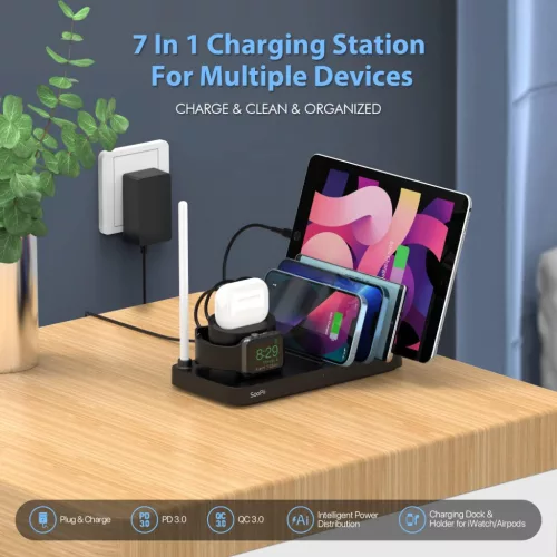 SooPii Töltődokkoló 6-az-1, 5 Kábel, 18W Gyors Töltés, Mobiltelefonokhoz és Tabletekhez és Airpodhoz, Fekete