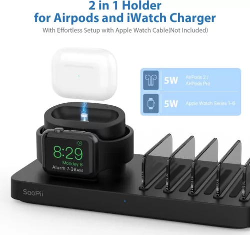 SooPii Töltődokkoló 6-az-1, 5 Kábel, 18W Gyors Töltés, Mobiltelefonokhoz és Tabletekhez és Airpodhoz, Fekete