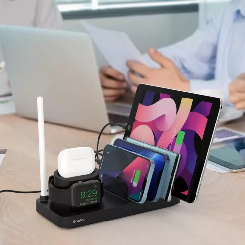SooPii Töltődokkoló 6-az-1, 5 Kábel, 18W Gyors Töltés, Mobiltelefonokhoz és Tabletekhez és Airpodhoz, Fekete