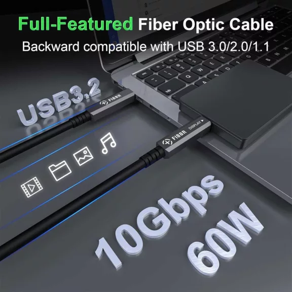 FIBBR CC USB C–USB C Optikai Kábel, 15 méter, 10 Gbit/s, USB 3.2 Gen2, DP 1.4, PD 60 W, Cat 8, Hajlításálló, EMI Védelem, Monitor, Mini PC, Webkamera