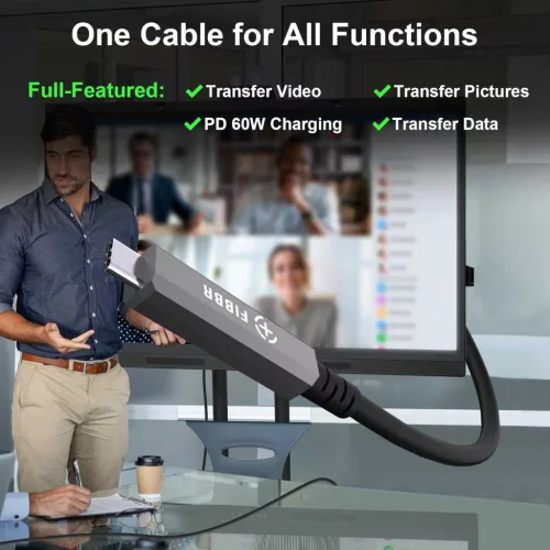 FIBBR CC USB C–USB C Optikai Kábel, 15 méter, 10 Gbit/s, USB 3.2 Gen2, DP 1.4, PD 60 W, Cat 8, Hajlításálló, EMI Védelem, Monitor, Mini PC, Webkamera