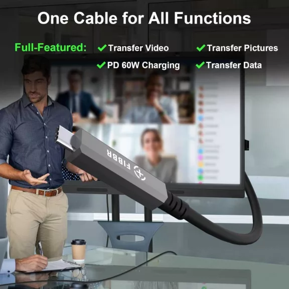 FIBBR CC USB C–USB C Optikai Kábel, 15 méter, 10 Gbit/s, USB 3.2 Gen2, DP 1.4, PD 60 W, Cat 8, Hajlításálló, EMI Védelem, Monitor, Mini PC, Webkamera