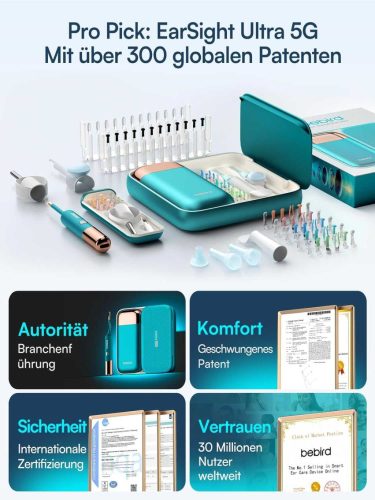 BEBIRD EarSight Ultra Fültisztító És Ápoló Készülék, 1920P HD Kamera, 5G WiFi, Rugalmas Otoscope, 5 Cserélhető Fej, Szilikon, ENT Otthonra, Óceán Kék