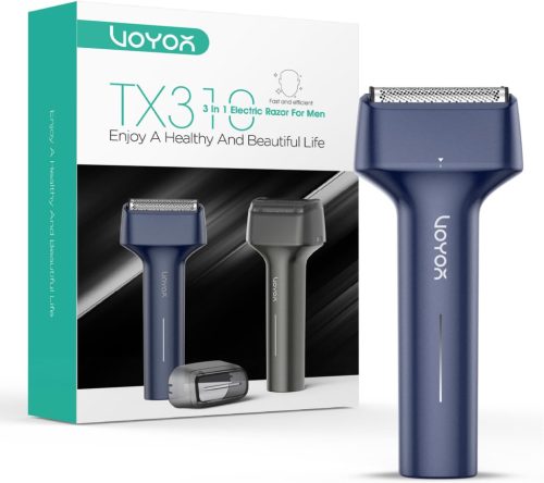 VOYOR TX310 Elektromos Borotva Férfiaknak - 3 az 1-ben, Kettős Fólia, Nedves és Száraz Használatra, IPX6 Vízálló, USB-C Töltés, Ergonómikus T-alakú Fogantyú, 7500 RPM, Utazóbarát (Kék)