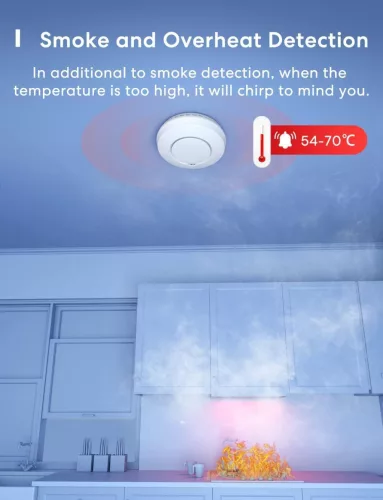 Meross GS559A Smart Füstérzékelő, WiFi Füst És Hő Riasztó, 85 dB, Alacsony Elemfeszültség Jelzés, Összekapcsolható 16 Eszközig, Apple HomeKit, SmartThings