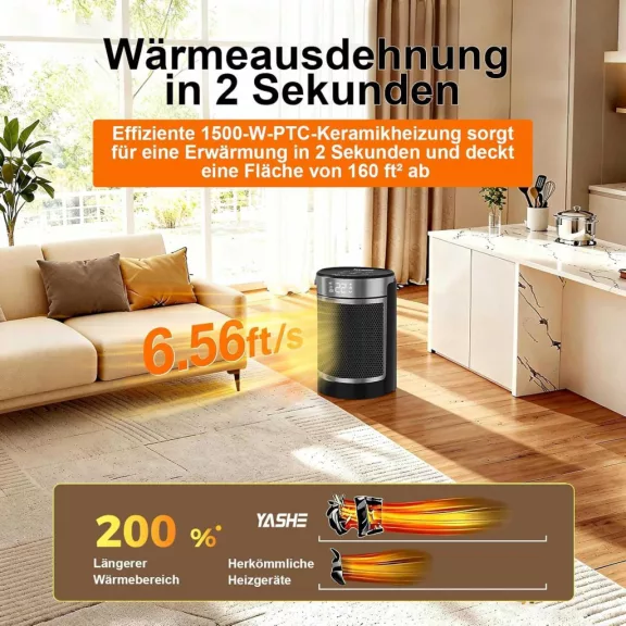 YASHE PTC-907B Ventilátoros Hősugárzó, PTC Kerámia, 1500 W, Elektronikus Termosztát 5-36 °C, 70° Oszcillálás, ECO Mód, 24 h Időzítő, Fekete