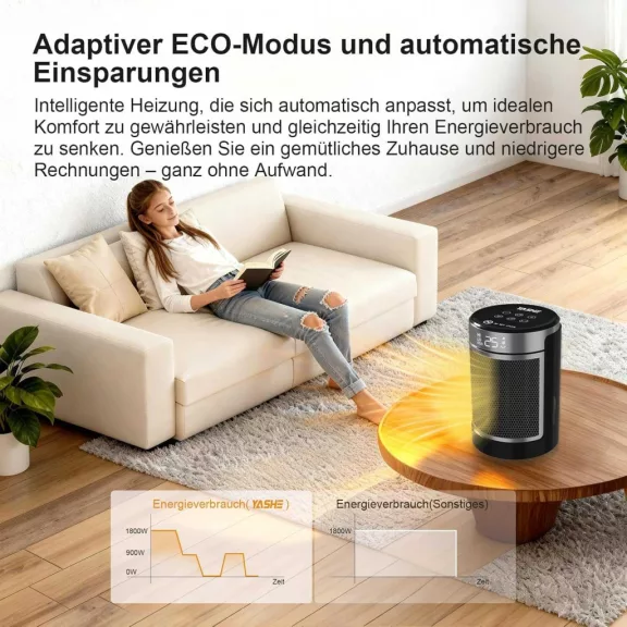 YASHE PTC-907B Ventilátoros Hősugárzó, PTC Kerámia, 1500 W, Elektronikus Termosztát 5-36 °C, 70° Oszcillálás, ECO Mód, 24 h Időzítő, Fekete