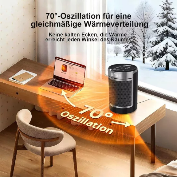 YASHE PTC-907B Ventilátoros Hősugárzó, PTC Kerámia, 1500 W, Elektronikus Termosztát 5-36 °C, 70° Oszcillálás, ECO Mód, 24 h Időzítő, Fekete