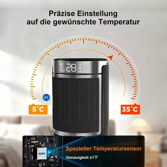 YASHE PTC-907B Ventilátoros Hősugárzó, PTC Kerámia, 1500 W, Elektronikus Termosztát 5-36 °C, 70° Oszcillálás, ECO Mód, 24 h Időzítő, Fekete