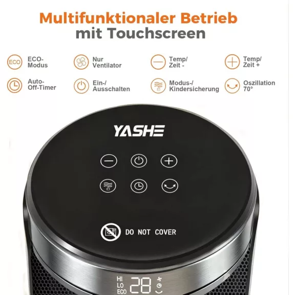 YASHE PTC-907B Ventilátoros Hősugárzó, PTC Kerámia, 1500 W, Elektronikus Termosztát 5-36 °C, 70° Oszcillálás, ECO Mód, 24 h Időzítő, Fekete