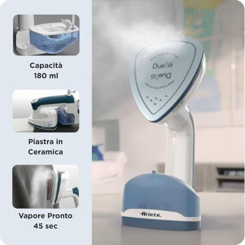 Ariete 6246 Duetto Gőzölős Vasaló, 1000W, 0.18L Tartály, Két Funkciós Használat, 180°-ban Forgatható Fej, Gyors Fűtési Idő, Fehér/Kék