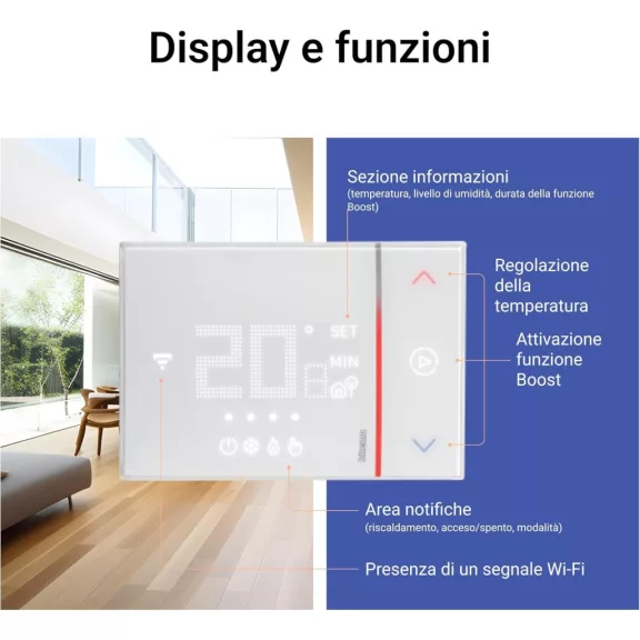 Bticino Smarther 2 SXW8002 Beépíthető Okos Termosztát, Wi-Fi, Programozható, Fűtés És Hűtés, Home + Control App, Alexa, Google Assistant, Apple HomeKit, Fehér