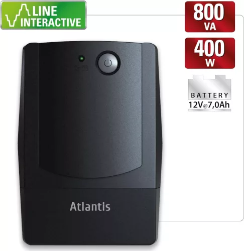 Atlantis Land ONEPOWER 800X UPS, 800VA, 400W, Line Interactive, AVR, Mikroprocesszoros Vezérlés, Szimulált Színusz, 4x IEC Kimenet, RJ11, Fekete