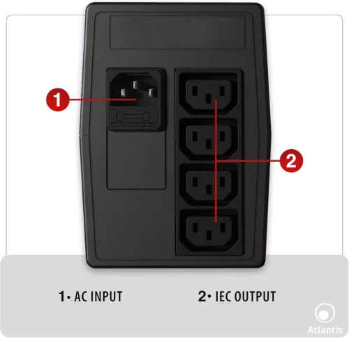 Atlantis Land ONEPOWER 800X UPS, 800VA, 400W, Line Interactive, AVR, Mikroprocesszoros Vezérlés, Szimulált Színusz, 4x IEC Kimenet, RJ11, Fekete