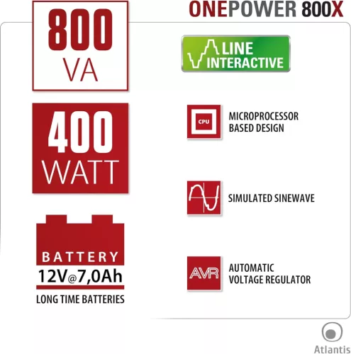 Atlantis Land ONEPOWER 800X UPS, 800VA, 400W, Line Interactive, AVR, Mikroprocesszoros Vezérlés, Szimulált Színusz, 4x IEC Kimenet, RJ11, Fekete