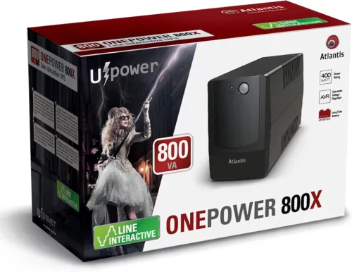 Atlantis Land ONEPOWER 800X UPS, 800VA, 400W, Line Interactive, AVR, Mikroprocesszoros Vezérlés, Szimulált Színusz, 4x IEC Kimenet, RJ11, Fekete