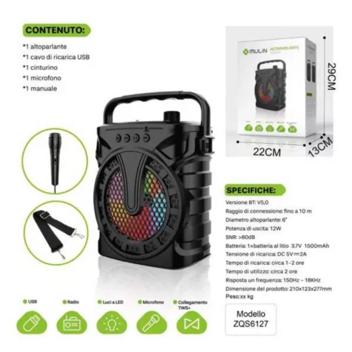 Mulin ZQS6127 vezeték nélküli Super Bass hangszóró - 12 W teljesítmény, beépített mikrofonnal és LED világítással