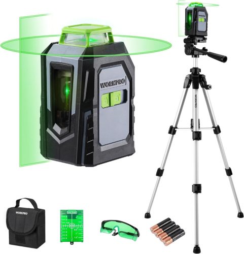 WORKPRO 360° Lézeres szintező állvánnyal, 30 m zöld keresztvonalas lézer