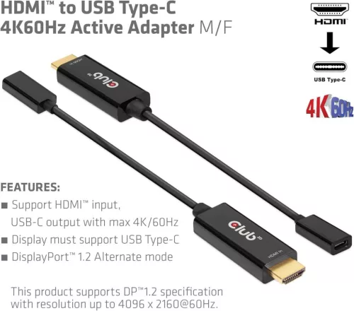 Club 3D CAC-1333 HDMI USB Type C Aktív Adapter, 4K 60Hz, DP 1.2 Alternate Mode, High Speed, Monitor, Projektor, Tablet Kompatibilis, Fekete