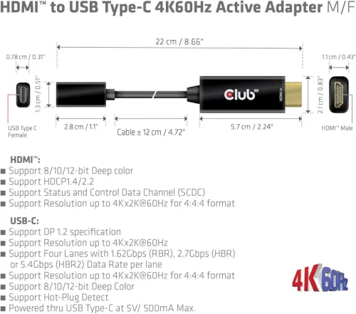 Club 3D CAC-1333 HDMI USB Type C Aktív Adapter, 4K 60Hz, DP 1.2 Alternate Mode, High Speed, Monitor, Projektor, Tablet Kompatibilis, Fekete