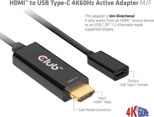 Club 3D CAC-1333 HDMI USB Type C Aktív Adapter, 4K 60Hz, DP 1.2 Alternate Mode, High Speed, Monitor, Projektor, Tablet Kompatibilis, Fekete
