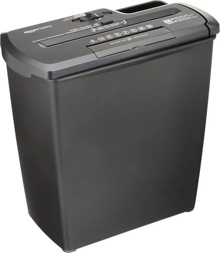 Amazon Basics PBH-55473 Csíkvágó Iratmegsemmisítő, 7-8 Lap, 12 Literes Kapacitás, CD/DVD Megsemmisítés, Fekete