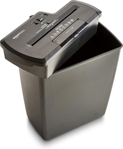 Amazon Basics PBH-55473 Csíkvágó Iratmegsemmisítő, 7-8 Lap, 12 Literes Kapacitás, CD/DVD Megsemmisítés, Fekete