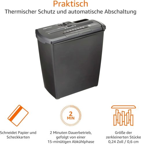 Amazon Basics PBH-55473 Csíkvágó Iratmegsemmisítő, 7-8 Lap, 12 Literes Kapacitás, CD/DVD Megsemmisítés, Fekete